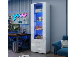 Vitrina alta con 3 cajones y 1 puerta, cuerpo de MDF lacado en blanco, LED incluido - 60x35x180cm