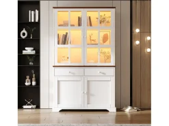 Vitrina alta de cristal - 120 x 36,5 x 200 cm - con 2 cajones + 4 puertas + LED - mueble de salón - MDF - blanco