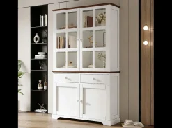 Vitrina alta de cristal - 120 x 36,5 x 200 cm - con 2 cajones + 4 puertas + LED - mueble de salón - MDF - blanco