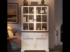Vitrina alta de cristal - 120 x 36,5 x 200 cm - con 2 cajones + 4 puertas + LED - mueble de salón - MDF - blanco