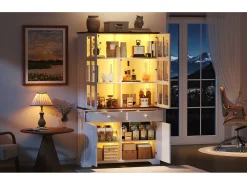 Vitrina alta de cristal - 120 x 36,5 x 200 cm - con 2 cajones + 4 puertas + LED - mueble de salón - MDF - blanco