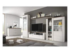 Vitrina alta de diseño con 1 puerta y iluminación LED colección SANTIAGO. Color blanco efecto madera y roble.