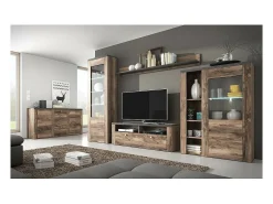 Vitrina alta de diseño con 1 puerta y iluminación LED colección SANTIAGO. Color nogal y negro efecto madera.