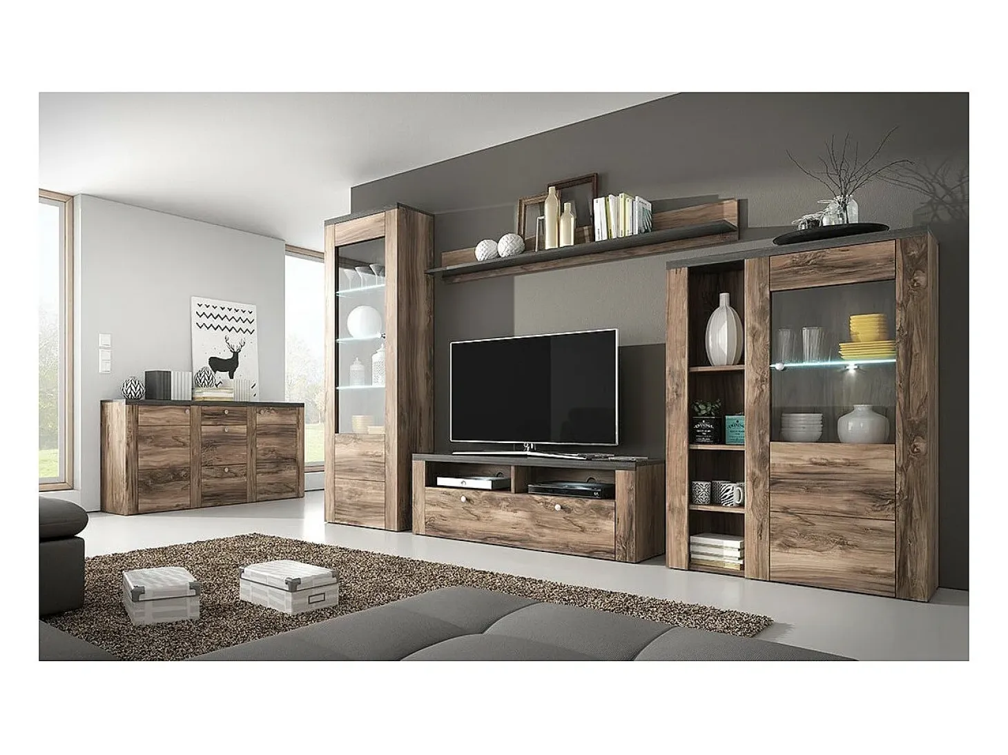 Vitrina alta de diseño con 1 puerta y iluminación LED colección SANTIAGO. Color nogal y negro efecto madera.