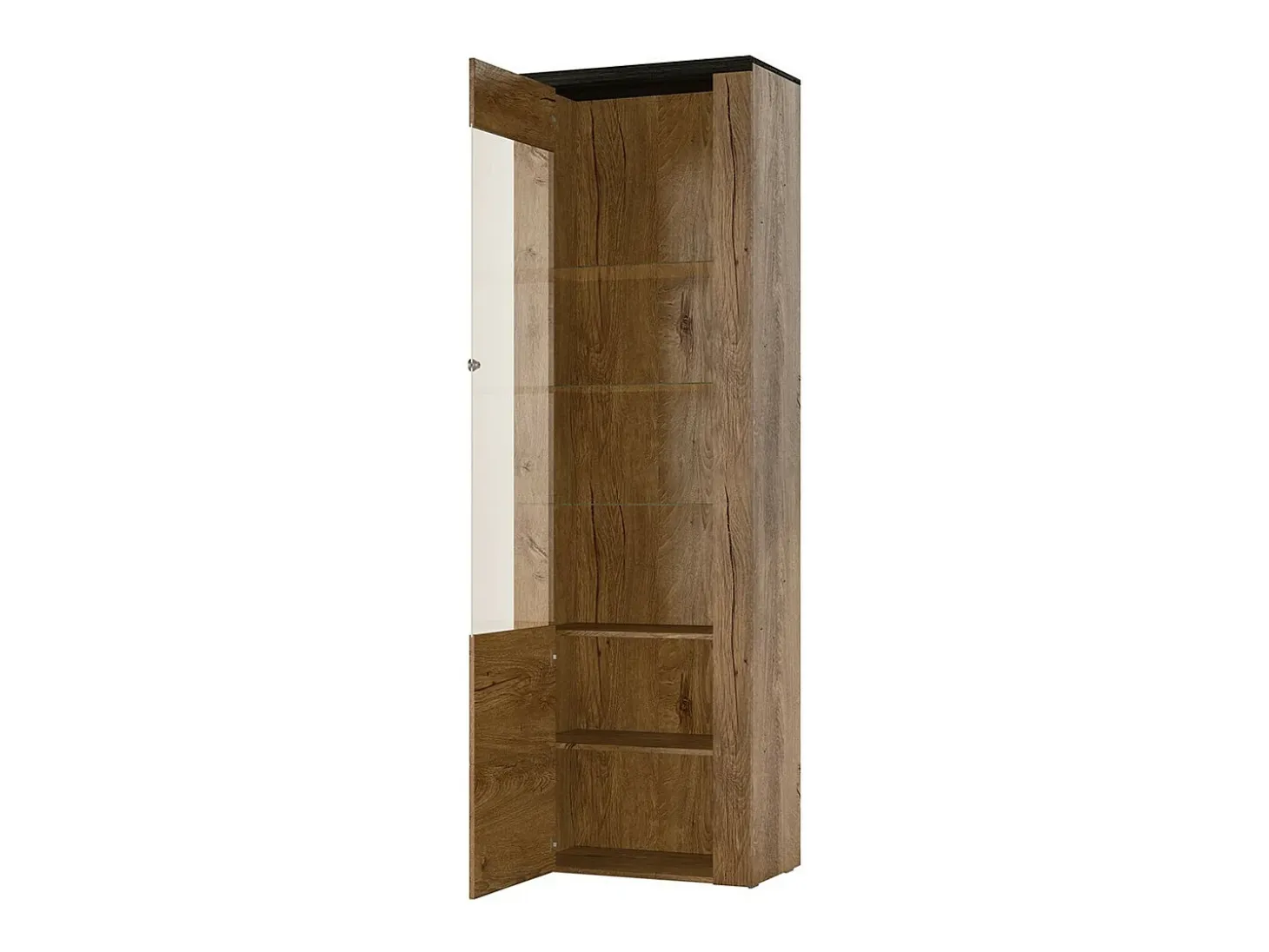 Vitrina alta de diseño con 1 puerta y iluminación LED colección SANTIAGO. Color nogal y negro efecto madera.
