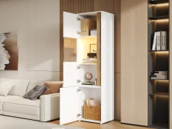 Vitrina alta moderna - 50 x 40 x 179 cm - con LED + 4 puertas - para salón/oficina - Acrílico + aglomerado - Blanco y natural