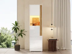 Vitrina alta moderna - 50 x 40 x 179 cm - con LED + 4 puertas - para salón/oficina - Acrílico + aglomerado - Blanco y natural