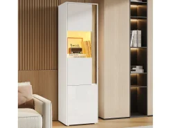 Vitrina alta moderna - 50 x 40 x 179 cm - con LED + 4 puertas - para salón/oficina - Acrílico + aglomerado - Blanco y natural