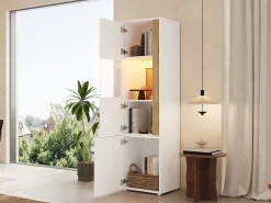 Vitrina alta moderna - 50 x 40 x 179 cm - con LED + 4 puertas - para salón/oficina - Acrílico + aglomerado - Blanco y natural
