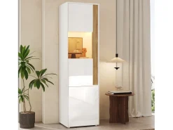Vitrina alta moderna - 50 x 40 x 179 cm - con LED + 4 puertas - para salón/oficina - Acrílico + aglomerado - Blanco y natural