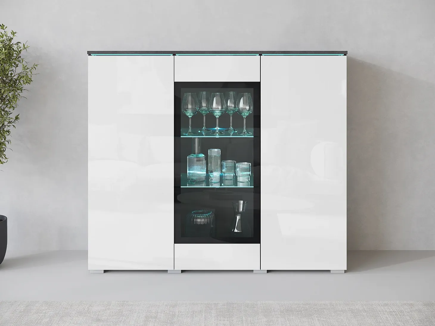Vitrina alta moderna 120 cm para salón 3 puertas cuerpo matera mate y frentes blanco brillo