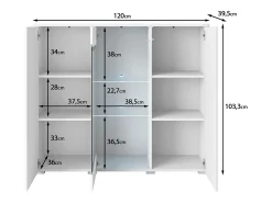 Vitrina alta moderna 120 cm para salón 3 puertas cuerpo matera mate y frentes blanco brillo