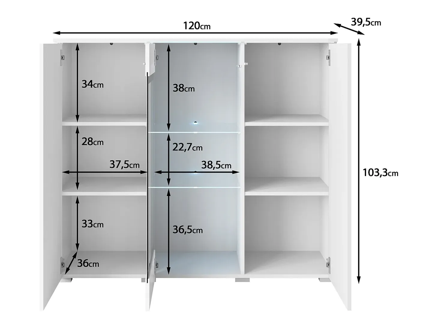 Vitrina alta moderna 120 cm para salón 3 puertas cuerpo matera mate y frentes blanco brillo