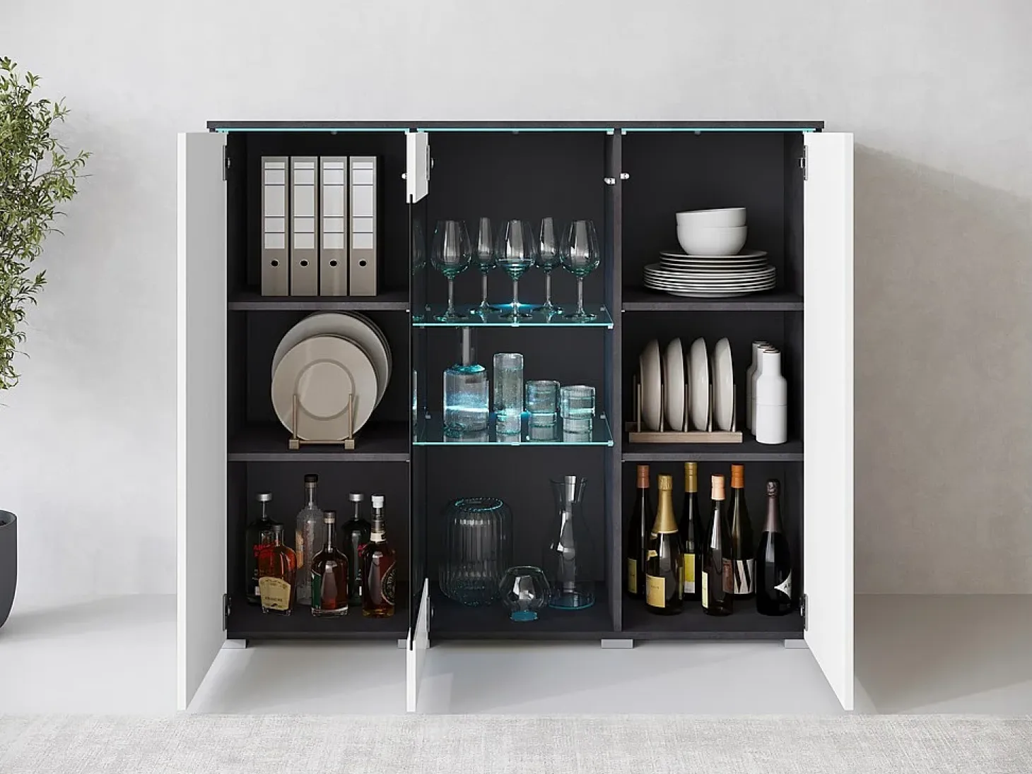 Vitrina alta moderna 120 cm para salón 3 puertas cuerpo matera mate y frentes blanco brillo