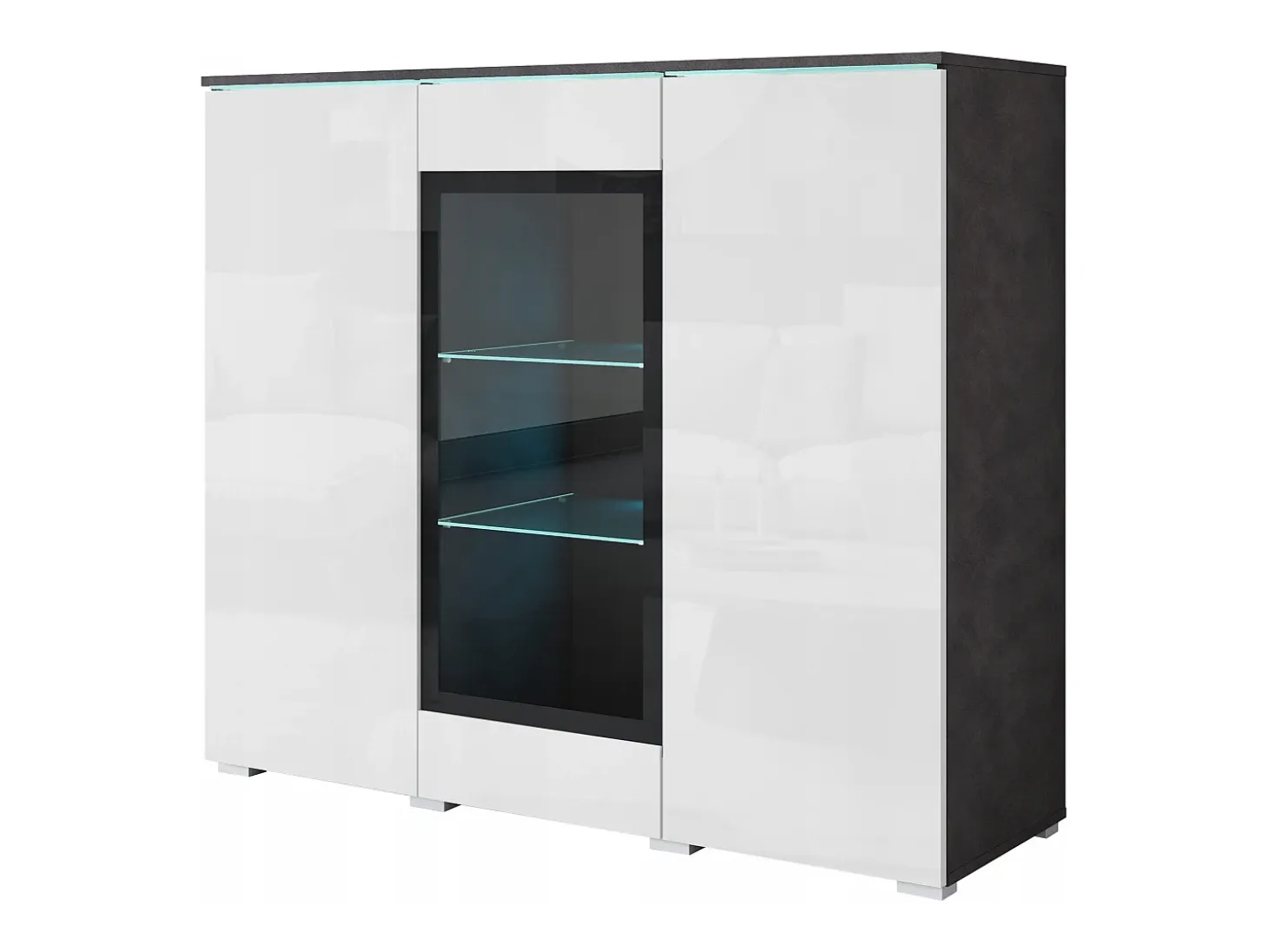 Vitrina alta moderna 120 cm para salón 3 puertas cuerpo matera mate y frentes blanco brillo