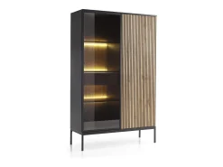 Vitrina alta moderna con frente estriado, 104×166×39 cm, Negro / Roble Wotan