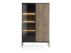 Vitrina alta moderna con frente estriado, 104×166×39 cm, Negro / Roble Wotan