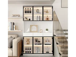 Vitrina alta moderna de cristal - 120 x 36 x 200 cm - con LEDs + 6 puertas - para colecciones/dormitorio - aglomerado - blanco