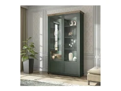 Vitrina ASSIA 2 puertas con vidrio verde oscuro y madera - 125 cm - 10 nichos - Elegancia atemporal