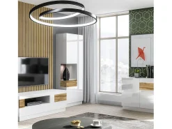 Vitrina, biblioteca, aparador KILES en colores gris, blanco y roble. Modelo de vitrina izquierda. LED integrado.