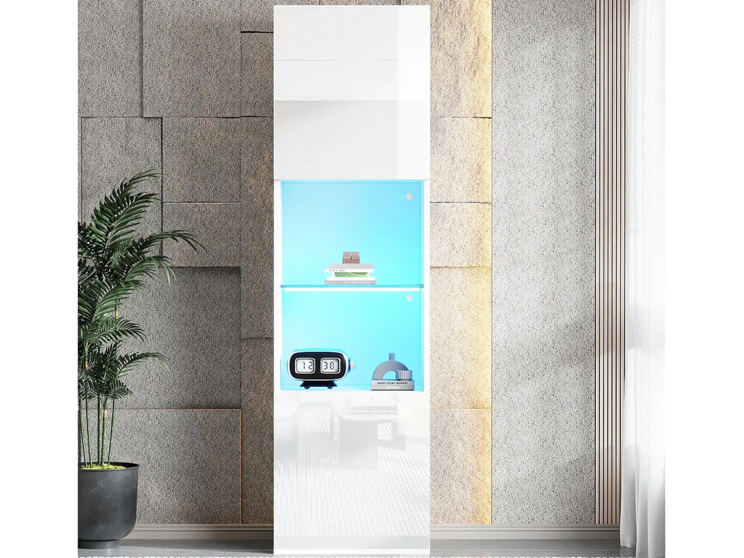 Vitrina blanca - Vitrina con 2 puertas y luces LED - almacenaje abierto - para salón y dormitorio
