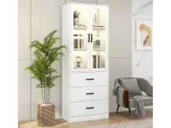 Vitrina blanca con 3 cajones, 2 puertas de cristal y luces LED, estantes regulables.
