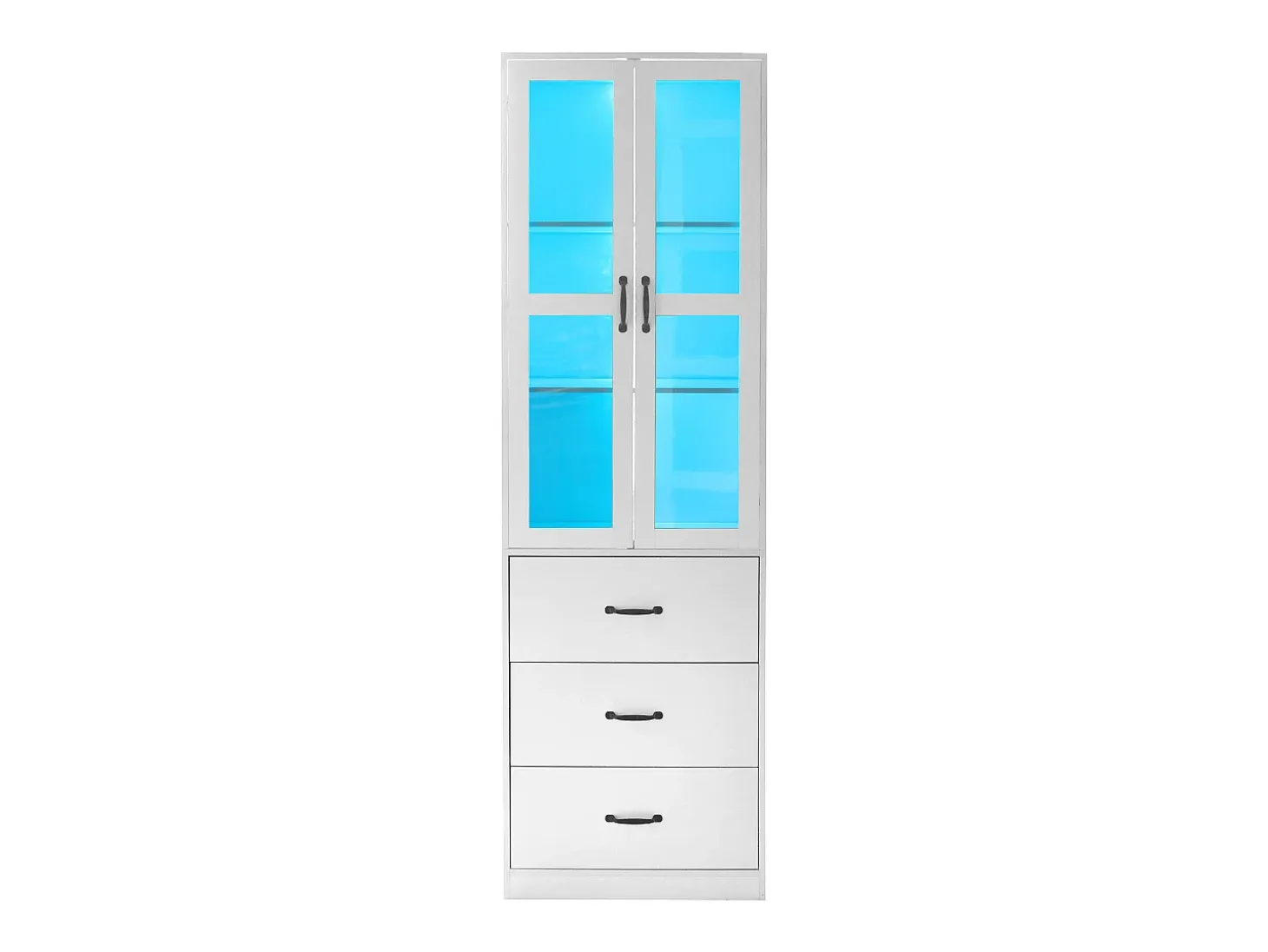 Vitrina blanca con 3 cajones, 2 puertas de cristal y luces LED, estantes regulables.