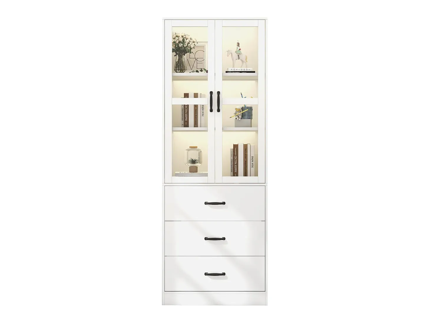 Vitrina blanca con 3 cajones, 2 puertas de cristal y luces LED, estantes regulables.
