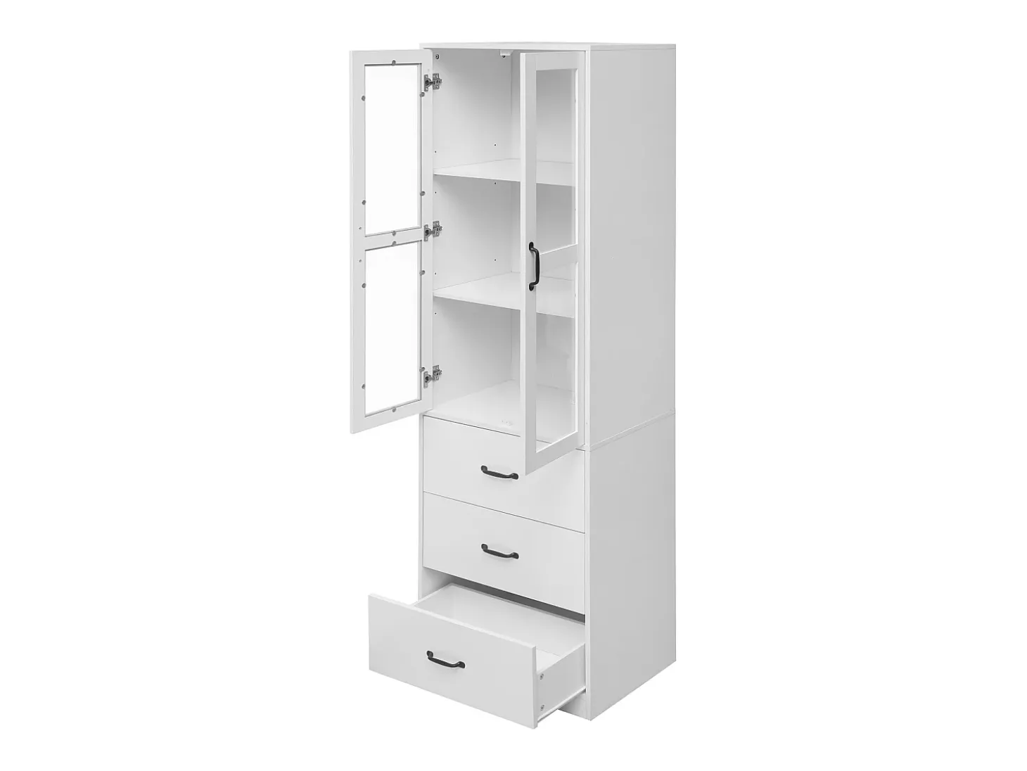 Vitrina blanca con 3 cajones, 2 puertas de cristal y luces LED, estantes regulables.