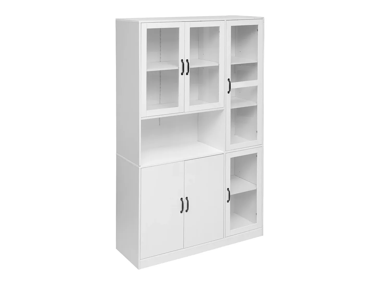 Vitrina blanca con 2 puertas, 4 puertas de cristal y luces LED, tiradores negros