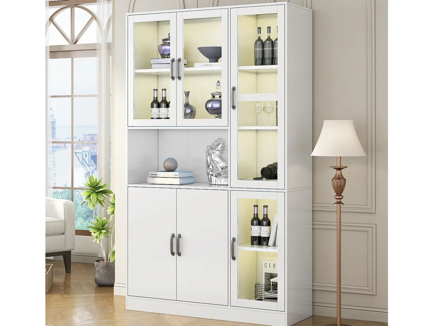 Vitrina blanca con 2 puertas, 4 puertas de cristal y luces LED, tiradores negros