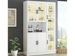 Vitrina blanca con 2 puertas, 4 puertas de cristal y luces LED, tiradores negros