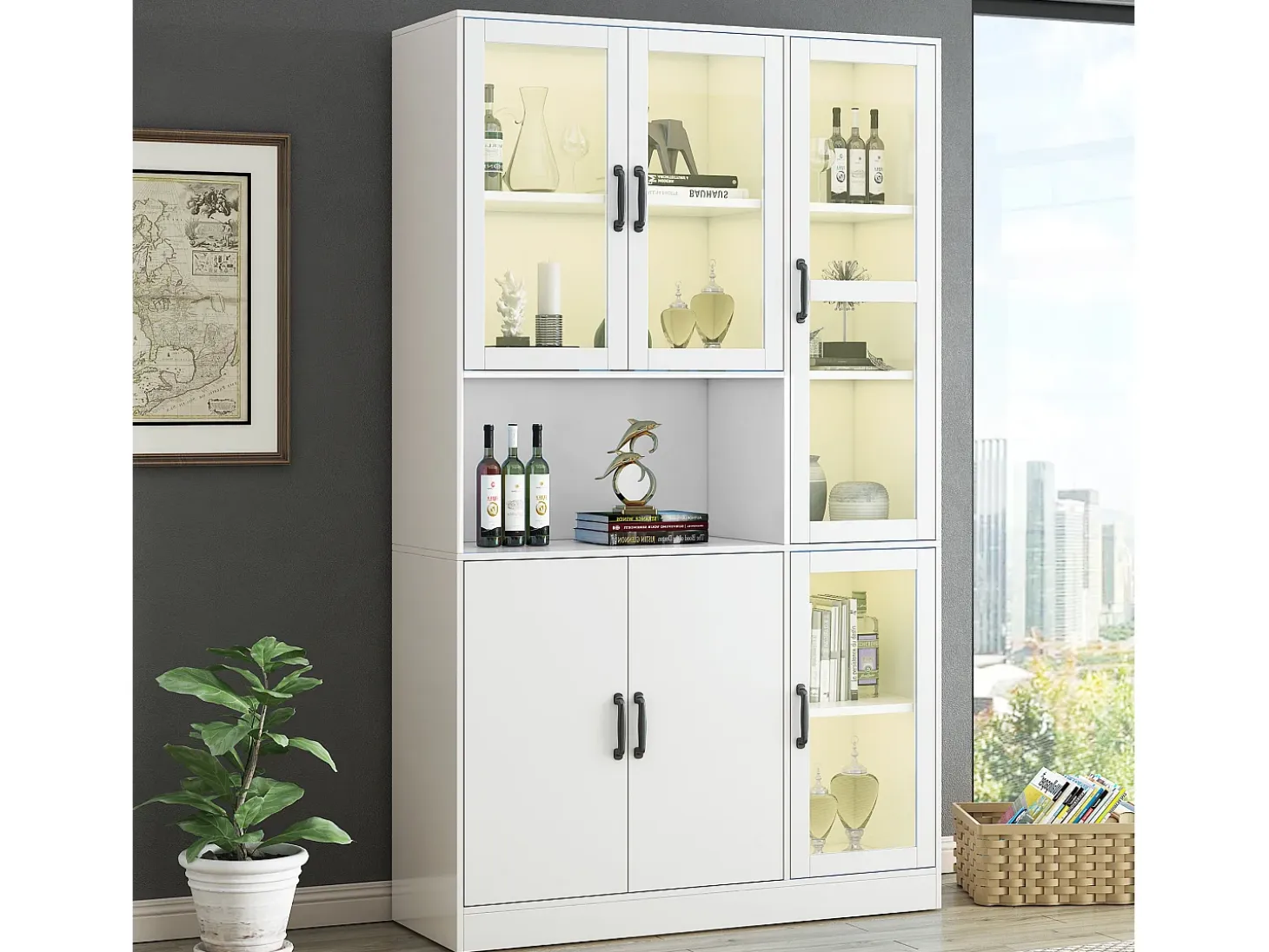 Vitrina blanca con 2 puertas, 4 puertas de cristal y luces LED, tiradores negros