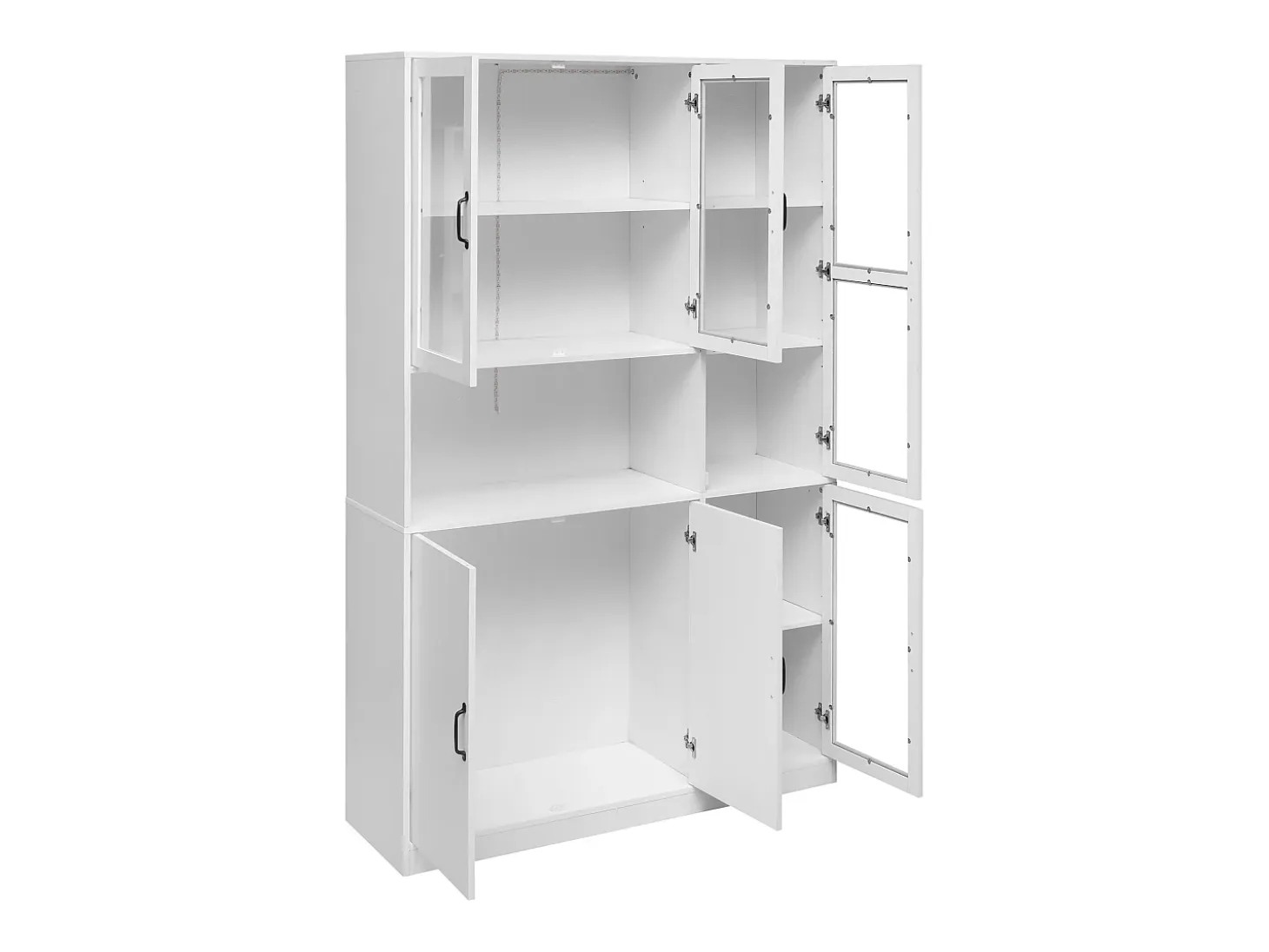 Vitrina blanca con 2 puertas, 4 puertas de cristal y luces LED, tiradores negros