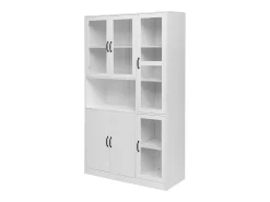 Vitrina blanca con 2 puertas, 4 puertas de cristal y luces LED, tiradores negros