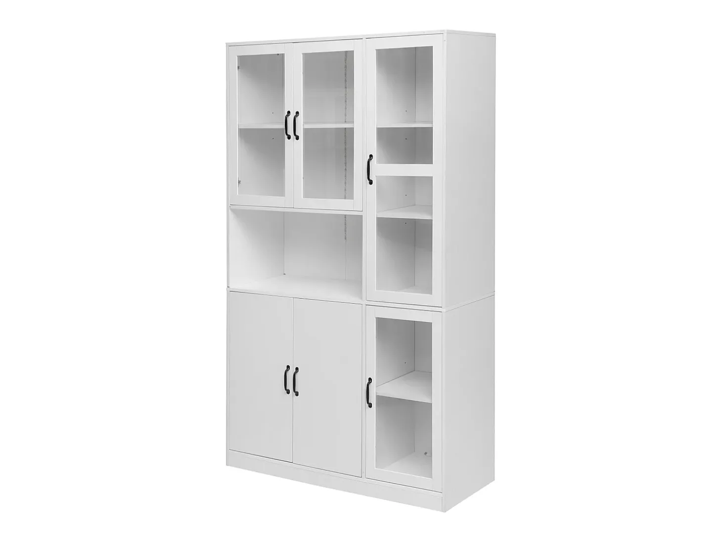 Vitrina blanca con 2 puertas, 4 puertas de cristal y luces LED, tiradores negros