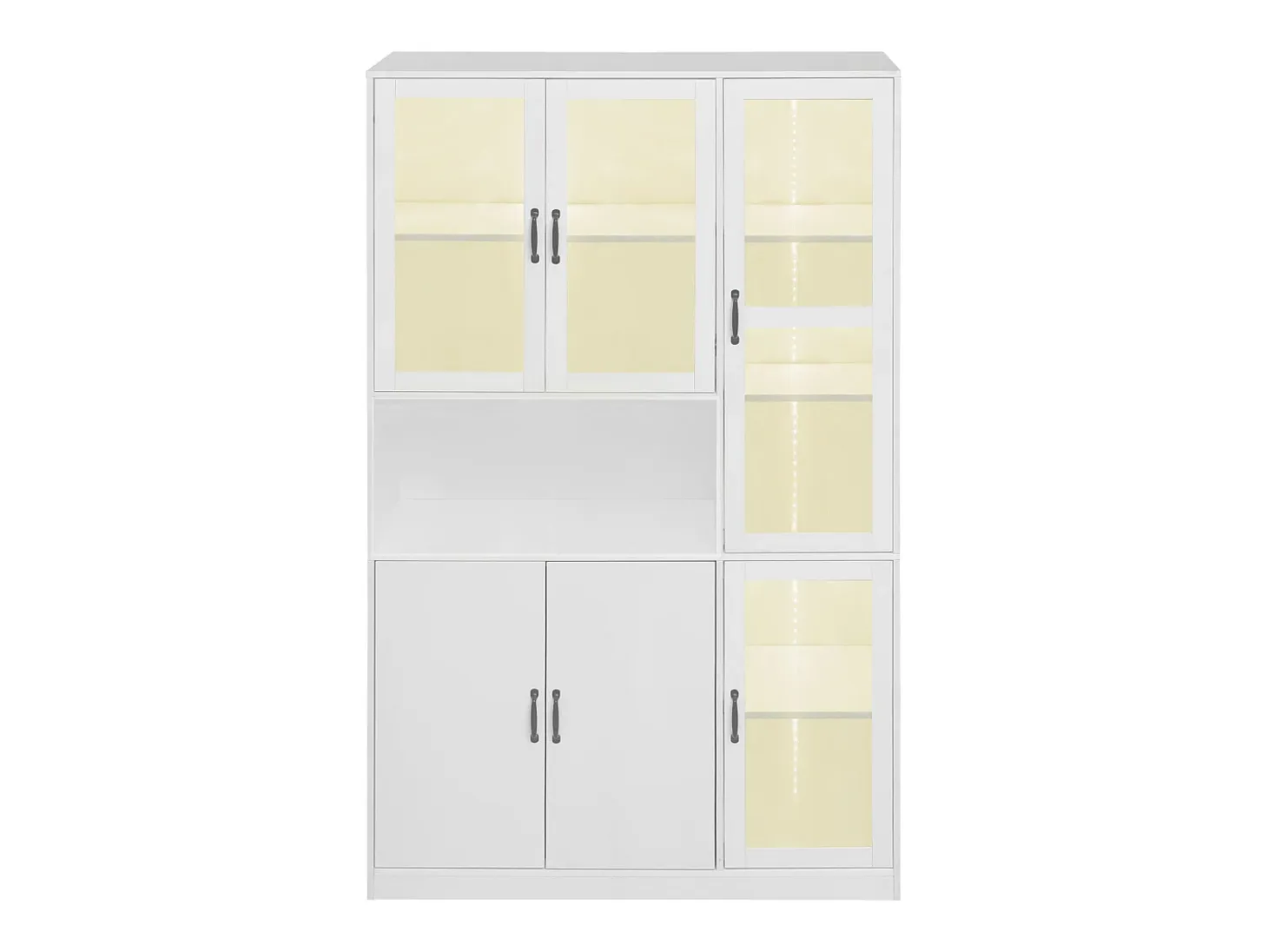Vitrina blanca con 2 puertas, 4 puertas de cristal y luces LED, tiradores negros