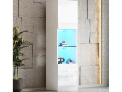 Vitrina blanca con iluminación LED, 45x35x160 cm, 1 estante y 2 puertas, para salón y despacho