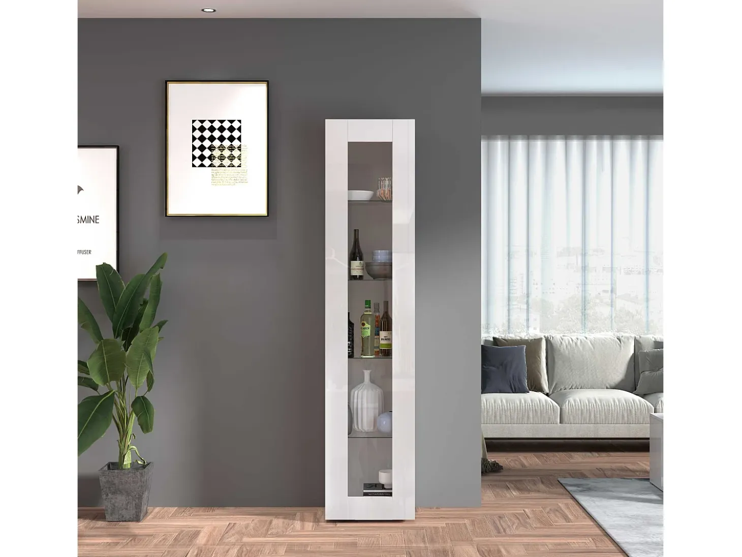 Vitrina blanco brillante para salón con 4 estantes de cristal Joy Vidrio