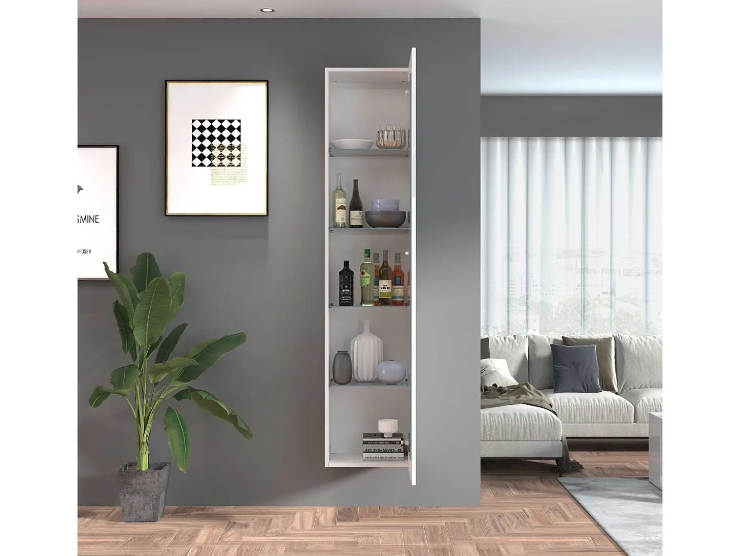 Vitrina blanco brillante para salón con 4 estantes de cristal Joy Vidrio