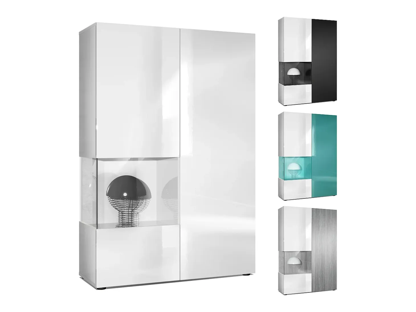 Vitrina Cómoda Morena, cuerpo en blanco mate/ puerta derecha e inserción en roble natural con iluminación LED