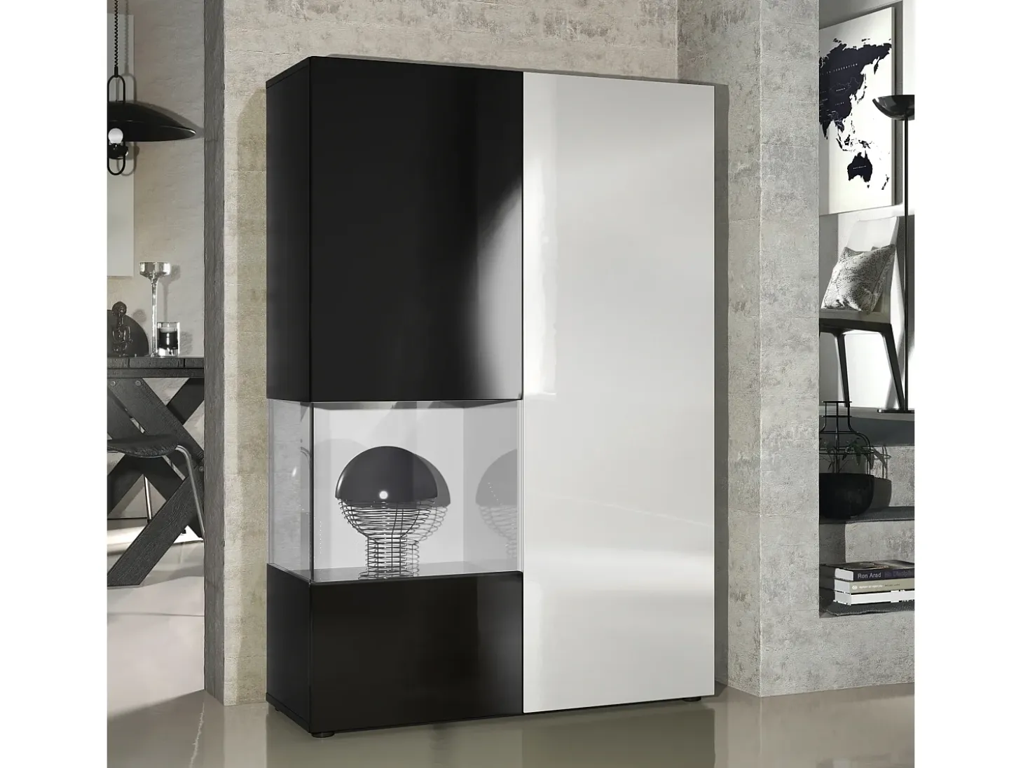 Vitrina Cómoda Morena, cuerpo en negro mate/ puerta derecha e inserción en blanco de alto brillo