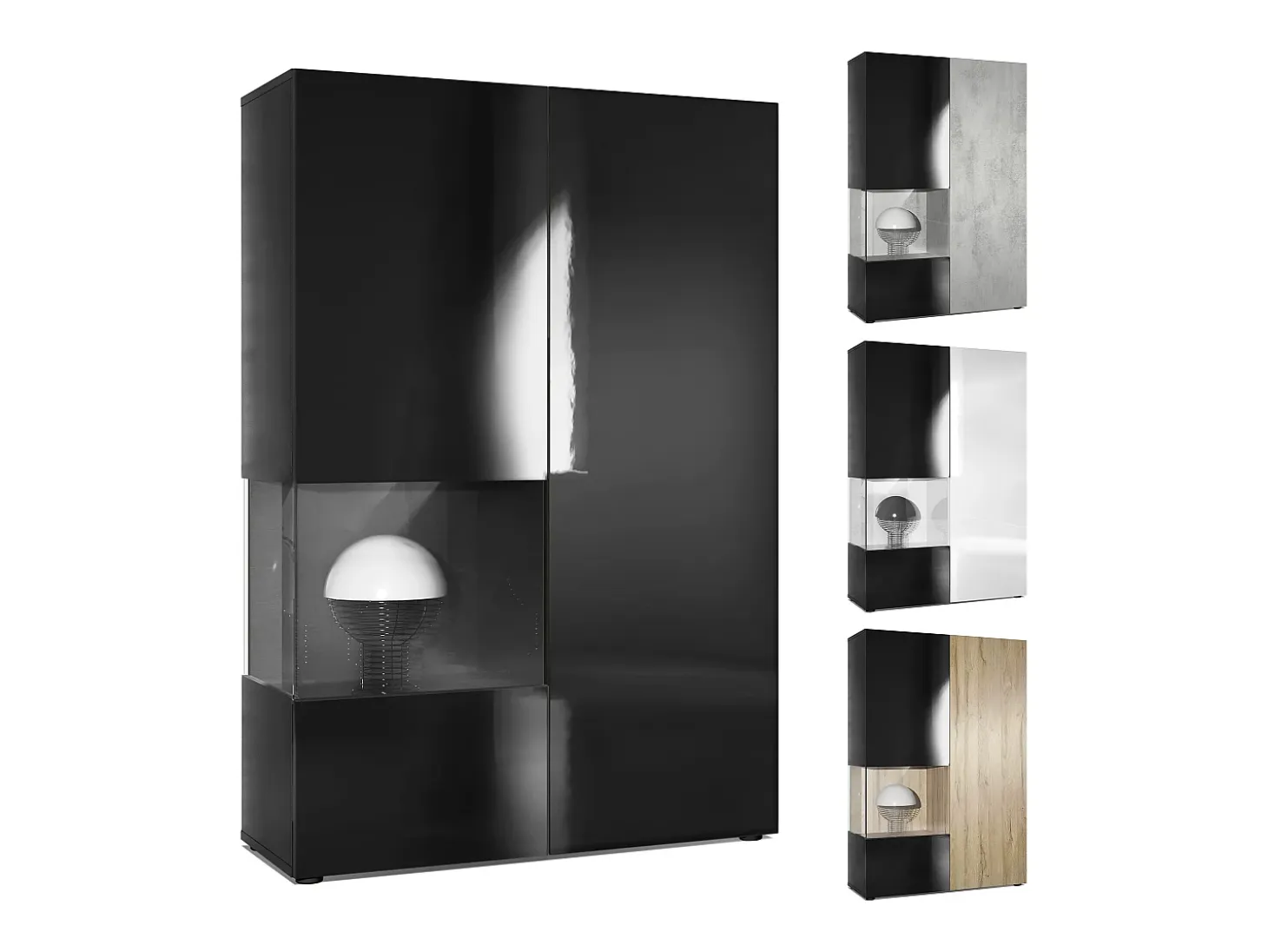Vitrina Cómoda Morena, cuerpo en negro mate/ puerta derecha e inserción en gris de alto brillo