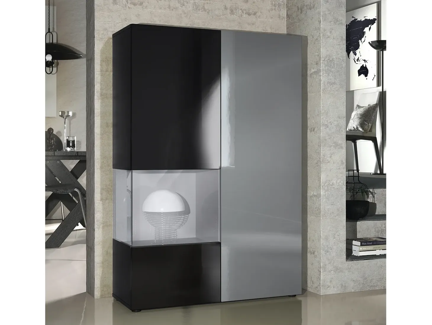 Vitrina Cómoda Morena, cuerpo en negro mate/ puerta derecha e inserción en gris de alto brillo