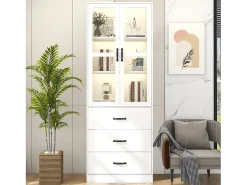 Vitrina con 3 cajones y 2 puertas de cristal - LED - Madera MDF - lacado blanco - 60 x 40 x 200 cm