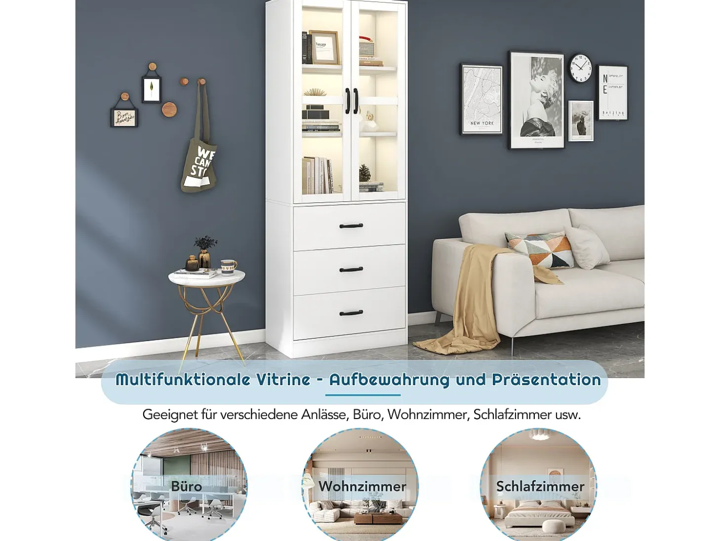 Vitrina con 3 cajones y 2 puertas de cristal - LED - Madera MDF - lacado blanco - 60 x 40 x 200 cm