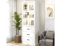 Vitrina con 3 cajones y 2 puertas de cristal - LED - Madera MDF - lacado blanco - 60 x 40 x 200 cm