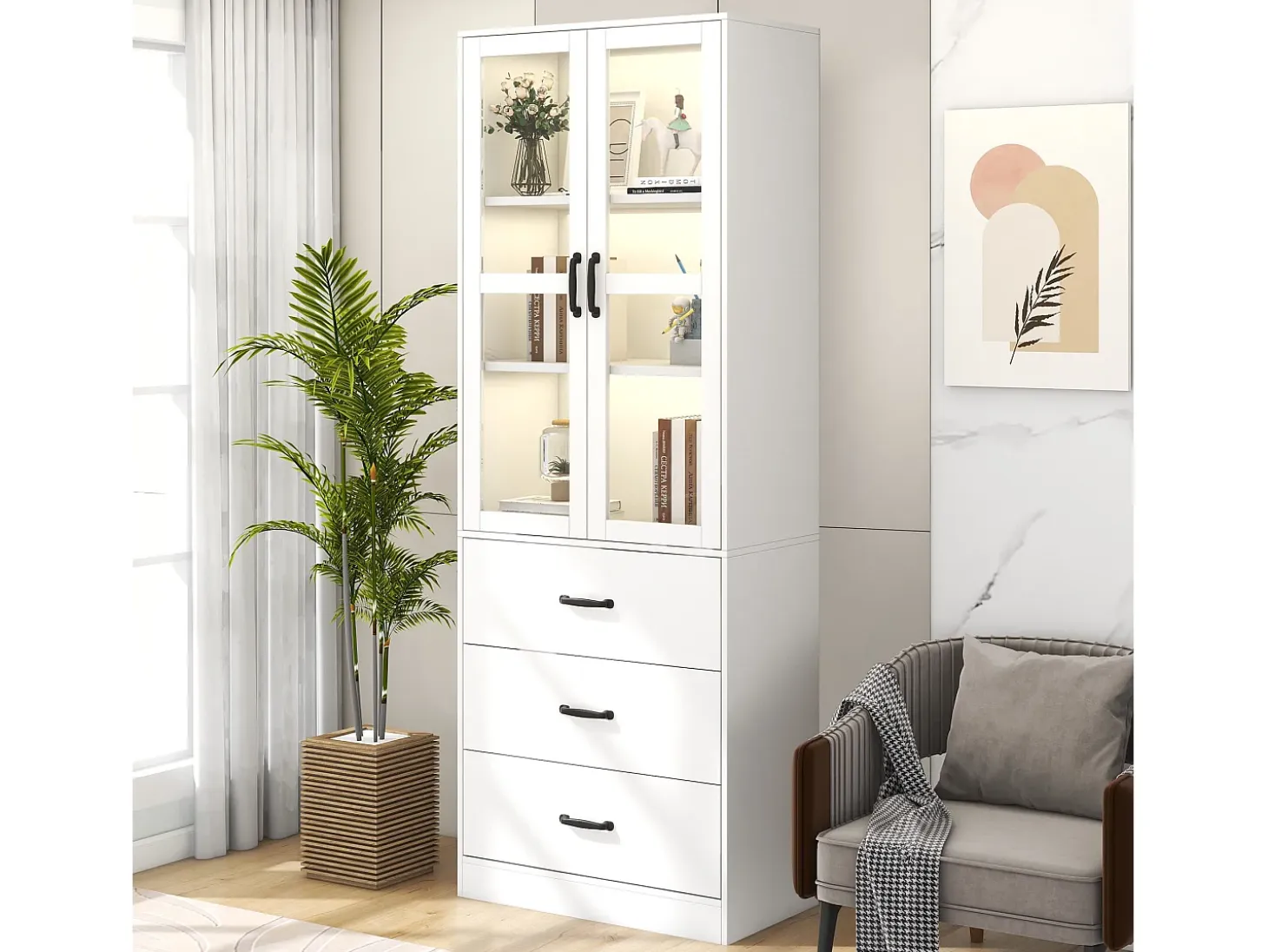 Vitrina con 3 cajones y 2 puertas de cristal - LED - Madera MDF - lacado blanco - 60 x 40 x 200 cm