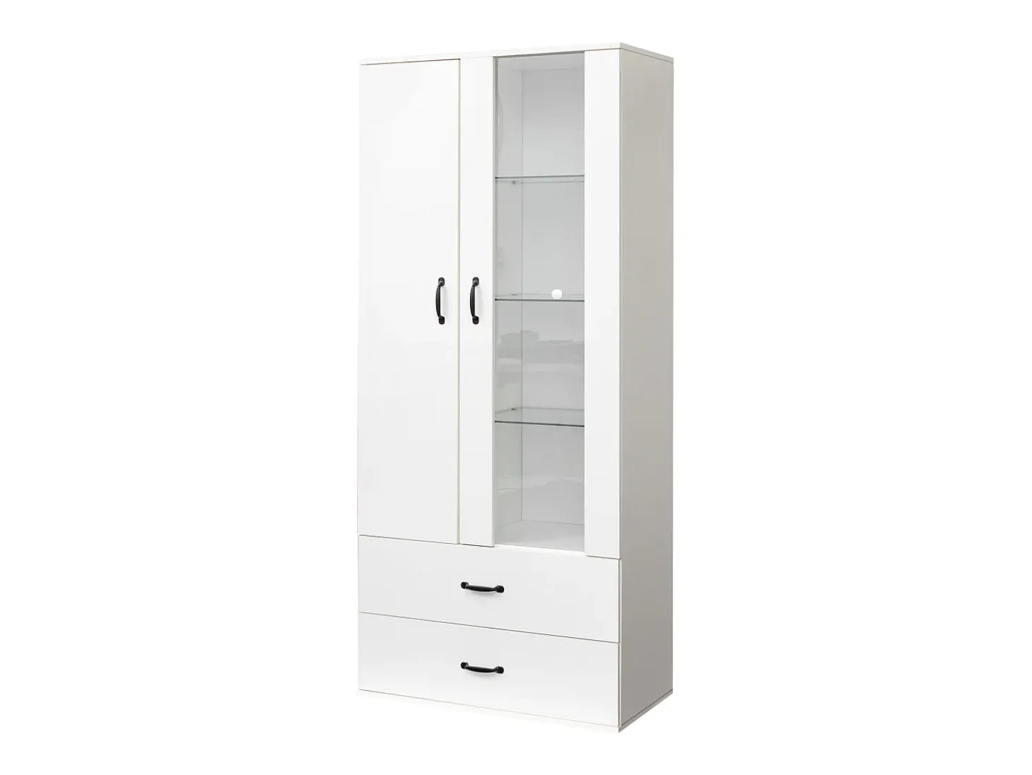 Vitrina con 16 luces LED de colores, 2 cajones y 2 puertas, blanca.