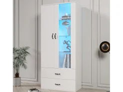 Vitrina con 16 luces LED de colores, 2 cajones y 2 puertas, blanca.
